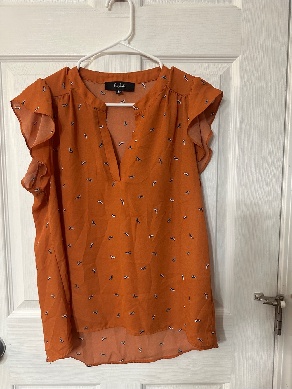 Caprice Flutter-Sleeve V-Neck Blouse in Burnt Orange